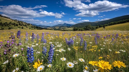 Wall Mural - Wildflowers in a grassy meadow under a bright blue sky conveying a sense of freshness and simplicity with side empty space for text Stockphoto style