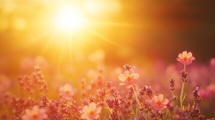 Poster - Soft focus of lavender fields under a setting sun creating a dreamy atmosphere perfect for relaxation themes with side empty space for text Stockphoto style