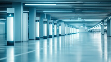 Poster - Modern Empty Parking Lot with Futuristic Design and Clean Blue Tones, Showcasing Symmetry and Minimalist Urban Architecture, Generative AI