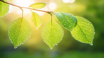 Fototapete - Close-up of dewdrops on green leaves in early morning light capturing the purity and freshness of nature with side empty space for text Stockphoto style