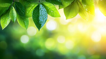 Fototapete - Close-up of dewdrops on green leaves in early morning light capturing the purity and freshness of nature with side empty space for text Stockphoto style
