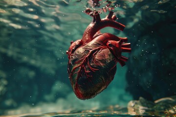 Poster - A human heart is seen floating on the surface of the water, with no other objects or context