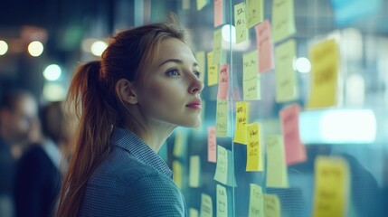 Aufkleber - A person standing in front of a wall filled with colorful sticky notes, great for use as a creative background or office theme illustration