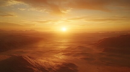 Poster - Expansive desert landscape at dawn with gentle dunes and soft, warm colors providing a calm and contemplative space with side empty space for text Stockphoto style