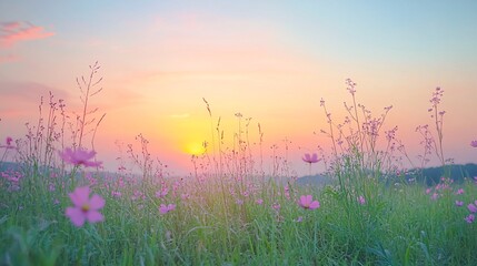 Poster - Open meadow with tall grass and wildflowers swaying gently in the breeze under a pastel-colored sunset with side empty space for text Stockphoto style