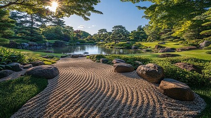 Poster - A tranquil Japanese garden with carefully arranged stones and a peaceful pond surrounded by greenery with side empty space for text Stockphoto style