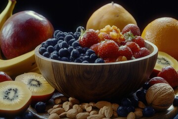 Aufkleber - A wooden bowl filled with seasonal fruits and nuts
