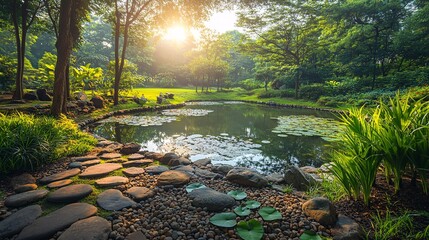 Poster - A tranquil Japanese garden with carefully arranged stones and a peaceful pond surrounded by greenery with side empty space for text Stockphoto style