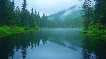 Wall Mural - Row of pine trees along a peaceful lake with still water and a mountain backdrop under a soft sky with side empty space for text Stockphoto style