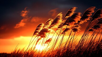 Poster - Golden sunset over a quiet rural field with tall grasses gently moving in the breeze with side empty space for text Stockphoto style