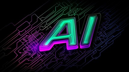 Poster - Neon AI graphic with glowing circuit design background showcasing technology and innovation in a digital age