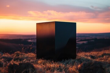 Aufkleber - A lone black box sits atop a lush green grassy field, providing a stark contrast between technology and nature