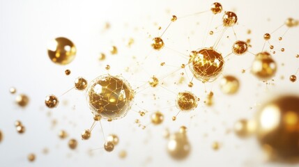 Poster - A conceptual image portraying the idea of quantum entanglement with gold particles, illustrated through interconnected gold spheres and beams of light.