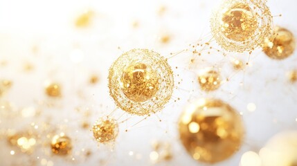 Poster - A conceptual image portraying the idea of quantum entanglement with gold particles, illustrated through interconnected gold spheres and beams of light.