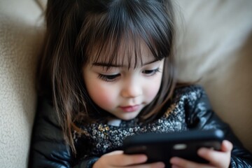 Poster - A young girl sitting on a couch staring at her mobile phone