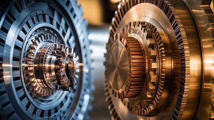 Aufkleber - Close-Up of Interlocking Gears Showcasing Industrial Precision, Mechanical Engineering, and Modern Innovation, Generative AI