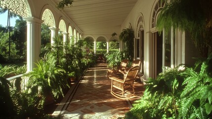 Poster - Veranda with Wicker Rocking Chairs and Potted Ferns