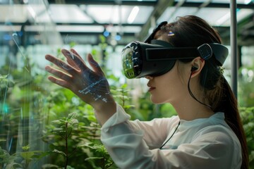 Poster - A woman wearing a virtual reality headset is surrounded by plants and greenery in a greenhouse
