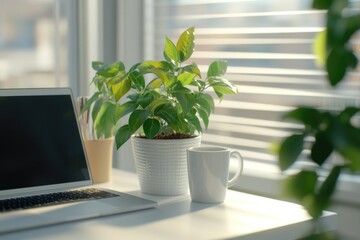 Poster - A laptop computer placed on a clean and simple white desk, perfect for workspace or office setting