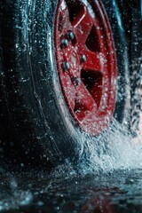 Poster - A close-up shot of a red tire on a wet surface, great for automotive or weather-related compositions