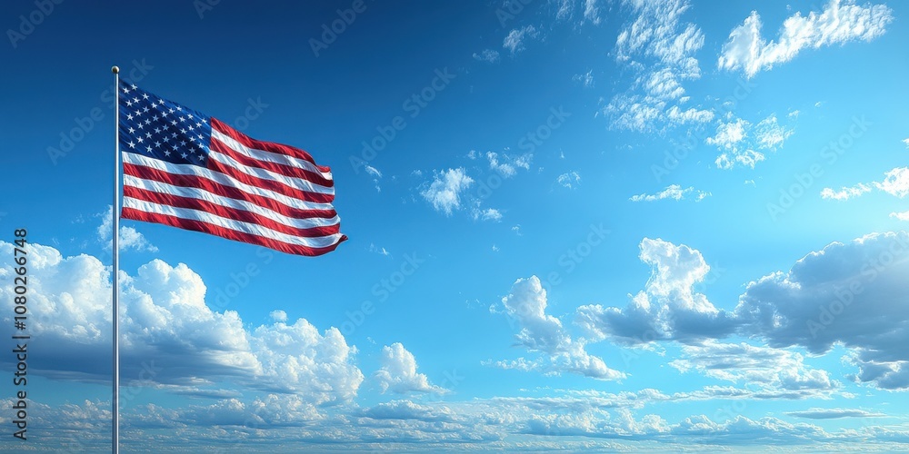 American flag waving against a clear blue sky with clouds. Background ...