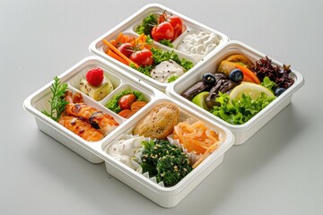Aufkleber - A white tray with four compartments filled with various foods