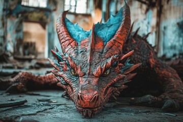 Poster - A broken dragon statue with red and blue colors lying on the ground