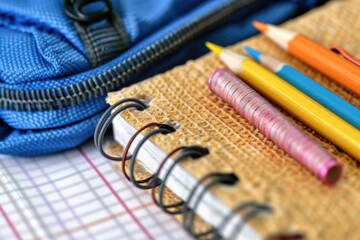 Poster - A close-up view of a notebook with pencils resting on top