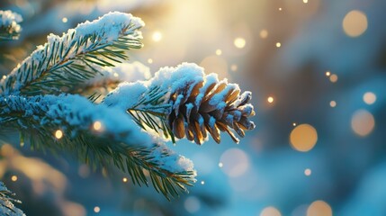 Poster - A detailed view of a pine cone on a tree branch, suitable for use in nature or outdoor-themed projects