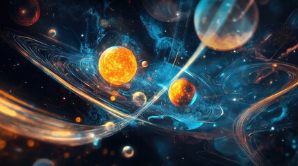 Poster - solar system, featuring uniquely shaped planets with radiant surfaces and orbiting energy trails, all suspended in a dark cosmic environment filled
