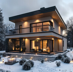Poster - Exterior of minimalist house, two floors, bright walls, winter, evening, warm.