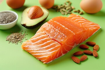 Poster - Fresh salmon, avocado, nuts, and eggs arranged on a green surface for a healthy salad