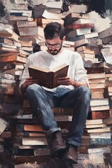 Poster - A person surrounded by piles of books, reading or studying