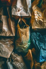 Poster - A pile of paper bags stacked on top of each other, with a brown color and creased edges