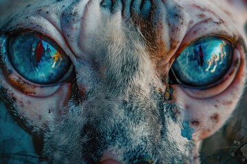 Poster - A close-up image of a domestic cat's face, featuring bright blue eyes