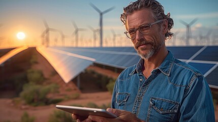 Poster - Middle-aged man is focused on examining a tablet in his hands, backdrop is an impressive array of solar panels with wind turbines in the far distance, indicating a focus on renewable energy.