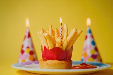 Poster - A plate of French fries served with ketchup and topped with a birthday hat, perfect for casual celebrations or everyday snacks