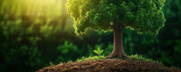 Leinwandbilder - Lush green tree on earth with young sprout under warm sunlight.