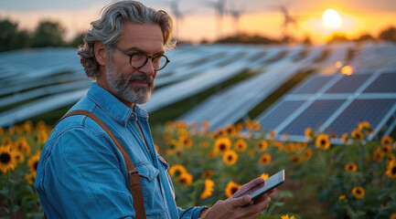 Poster - Middle-aged man is focused on examining a tablet in his hands, backdrop is an impressive array of solar panels with wind turbines in the far distance, indicating a focus on renewable energy.