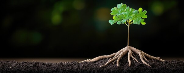 Poster - Small tree with roots, representing growth, on soil with a blurred green background.