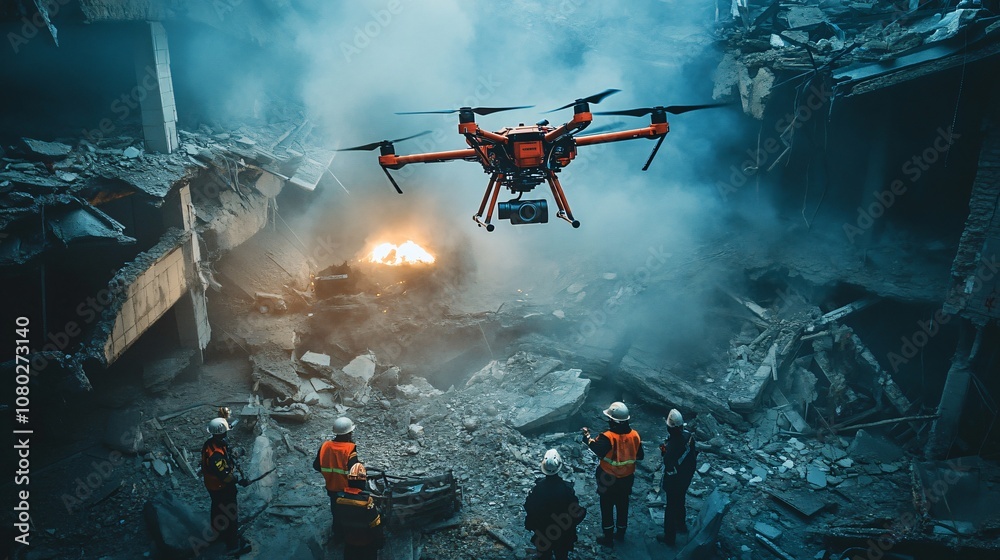 Surveillance drone hovering over rescue team in disaster zone. Advanced ...