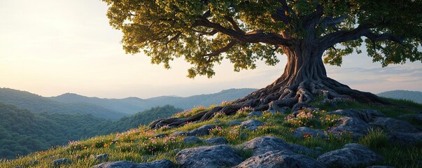 Poster - Majestic tree on a hill with a scenic landscape in the background.