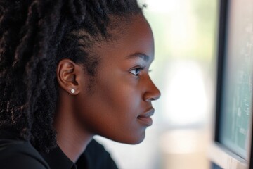 Poster - A young woman sitting in front of a computer, focused on the screen