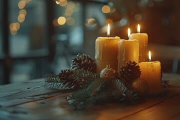 Poster - A rustic table setting with three lit candles and pinecones