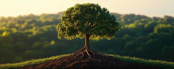 Aufkleber - Tree with strong roots in a lush green landscape during golden hour.