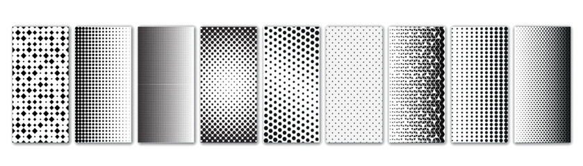 Aufkleber - halftone dots pattern. Dotted mosaic, sport textile texture and row holes grid vector background patterns set. Abstract dot gradient halftone pattern illustration