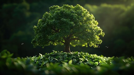 Poster - Lush green tree surrounded by vibrant foliage under soft sunlight.