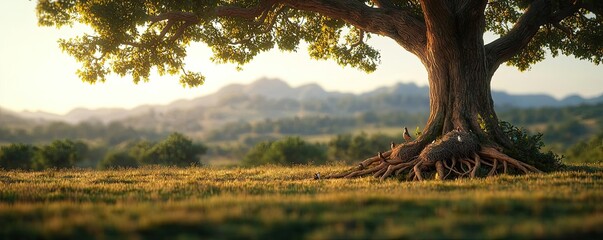 Poster - Majestic tree with exposed roots in serene landscape at sunset.