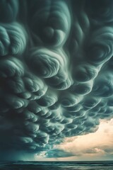 Poster - A large cloud formation floating above the calm ocean on a cloudy day