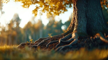 Poster - Tree trunk and roots in nature with autumn leaves, soft focus green grass background.